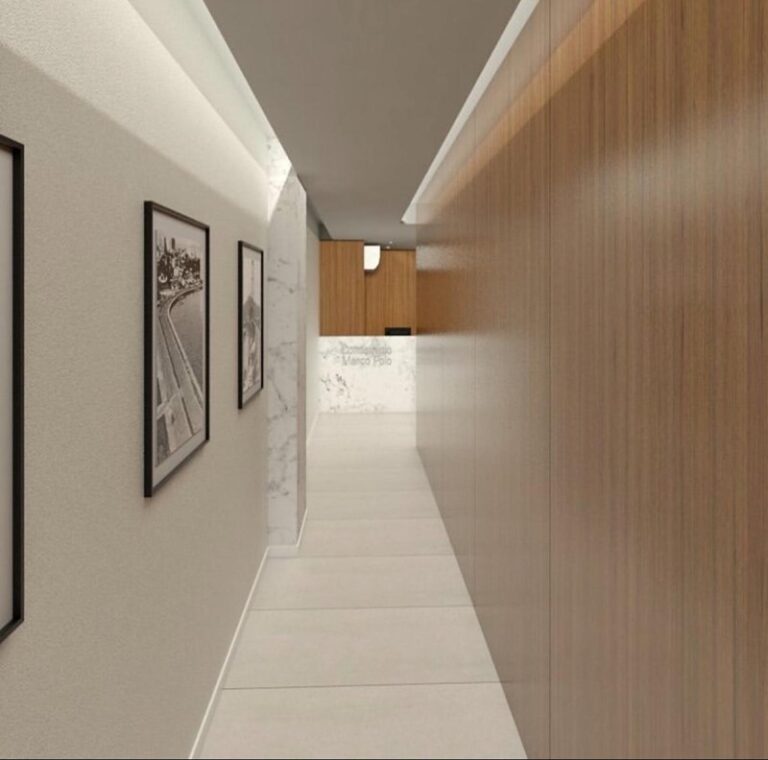Projeto de interiores de hall de entrada de edifício no Centro de Florianópolis SC, desenvolvido por arquiteta com design elegante, funcional e acolhedor.