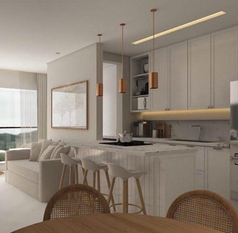 Projeto de interiores de apartamento em Jurerê Internacional, Florianópolis SC, desenvolvido por arquiteta com ambientes sofisticados, funcionais e valorização da iluminação natural.